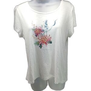 Krazy Kat Embellished Beaded Short Sleeve T- Shirt. Womans Large. Bird/ Flower.